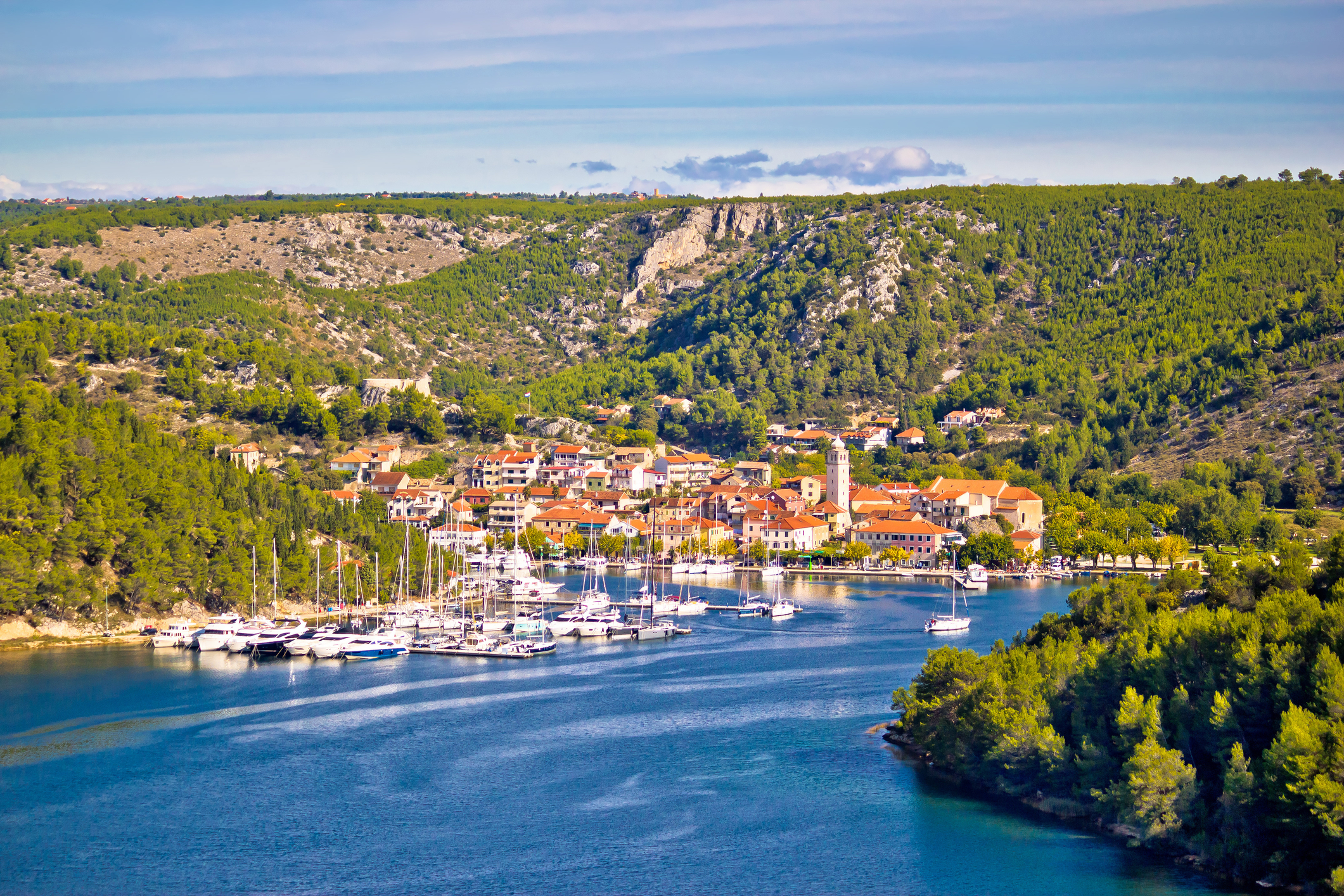 Skradin marina and waterfront on the Krka River — inland overnight stop, Krka National Park, Croatia