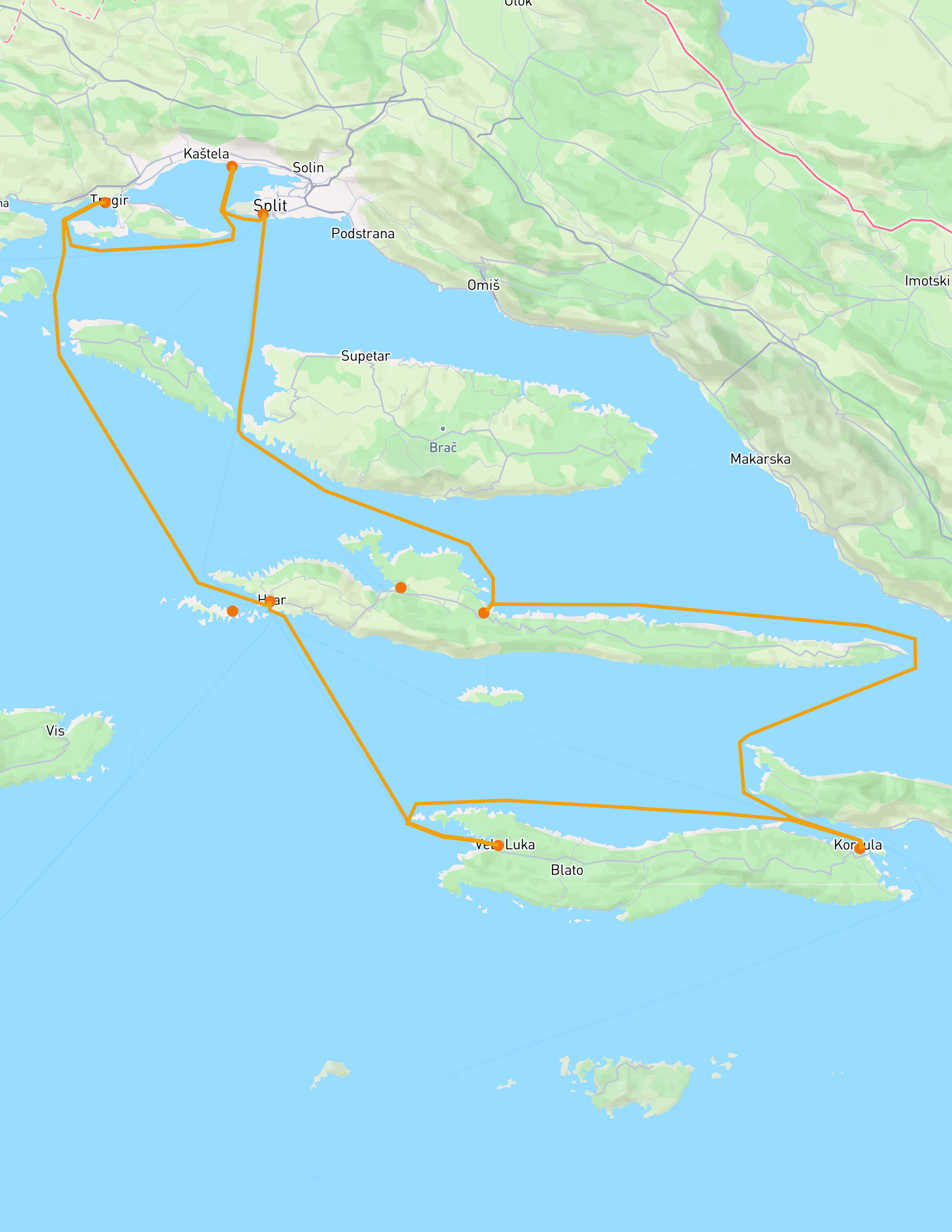 Sailing route map of the UNESCO and Historic Harbours route, from Marina Kaštela via Trogir, Hvar City, Vela Luka, Korčula Town, Jelsa and Split